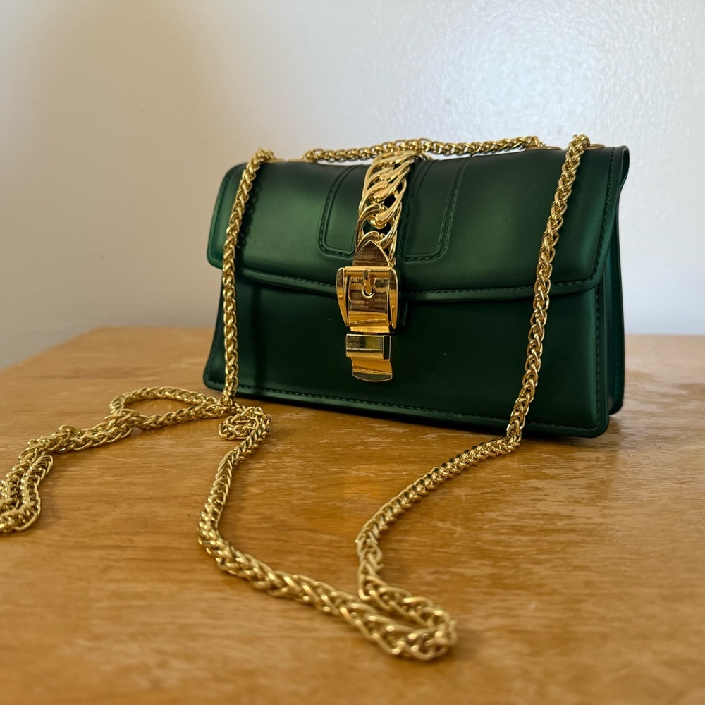 Green and Gold Crossbody Bag with Chain Strap